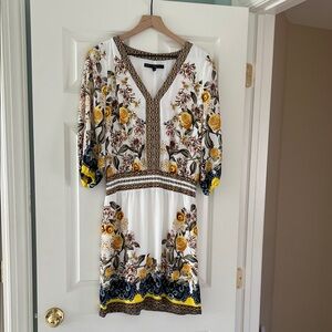 White Floral V-Neck Women's Dress with Yellow Accents